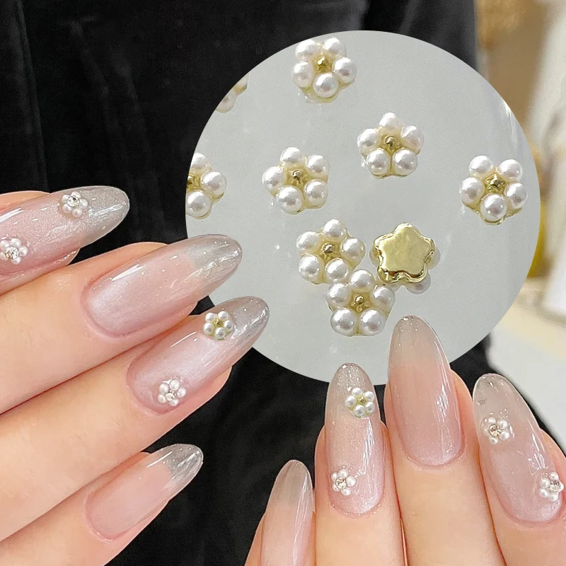 Mini White Pearl Flower Nail Charms Flat Back Nail Studs Rhinestone Manicure Bowknot Buttwerfly Alloy 3D Nail Tips Decoration