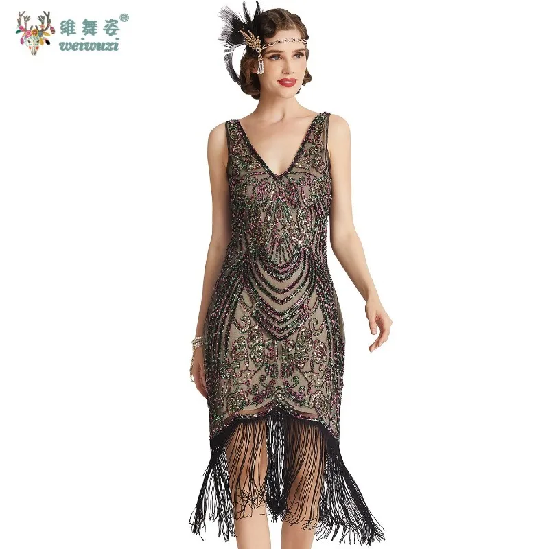 

Extremely Charming and Elegant Retro Makeup Ball V-neck Sleeveless Lady Tank High End Dress Gatsby Party Glitter Tassel Dress