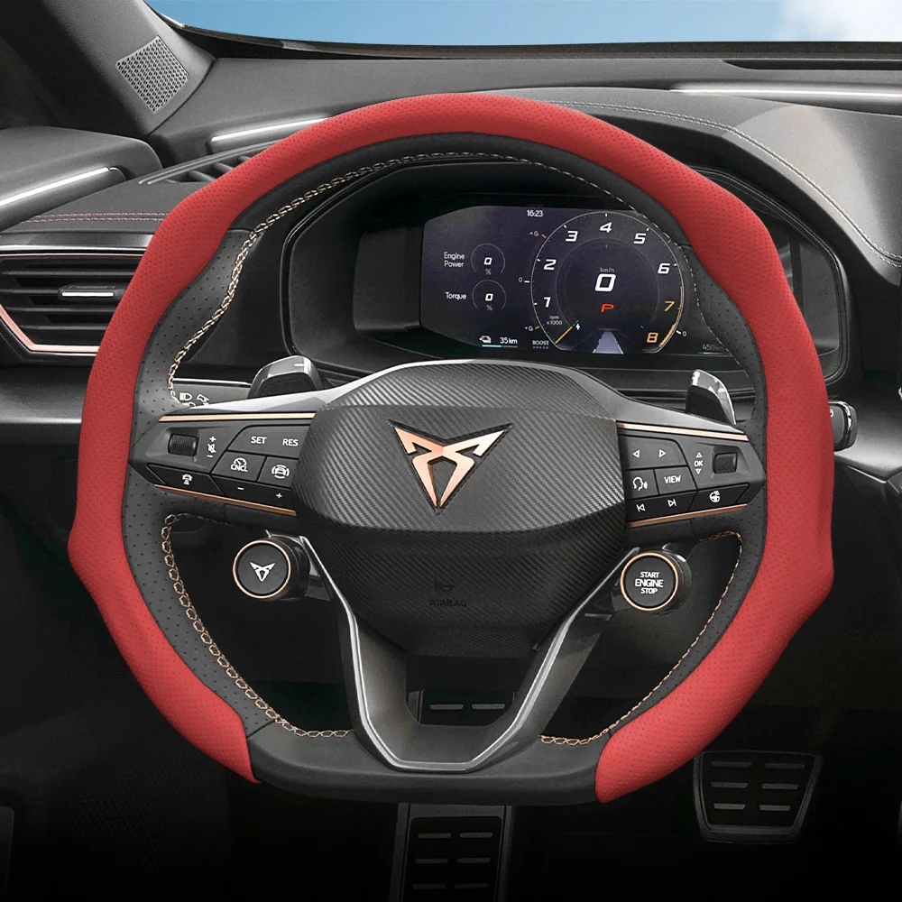 Suitable for Cupra Perforated Leather Steering Wheel Cover, Non-Slip, Sweat-Absorbent, Breathable, Integrated Snap-On Protective Cover for Models Such as Formentor, Leon Sportstourer, Born, Ateca, Tavascan, Terramar
