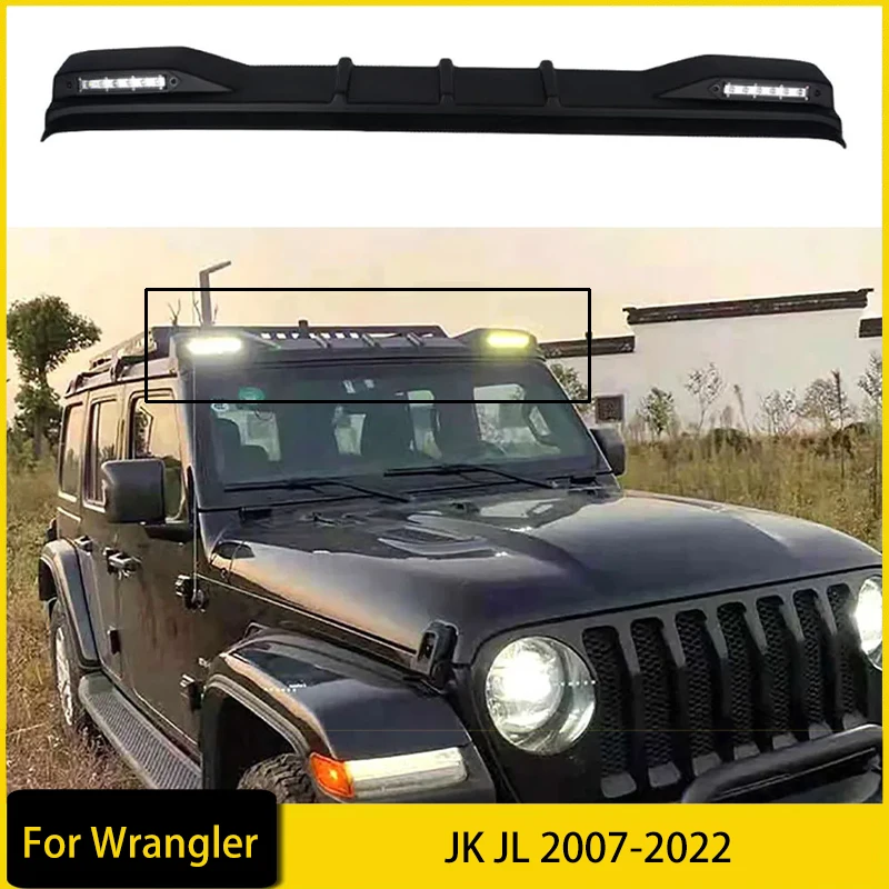 Przedni spoiler ze światłem dachowym LED do Wrangler JK JL 2007-2022 Akcesoria zewnętrzne terenowe Spoiler przedniej szyby Górne skrzydło