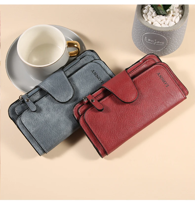 Damen-Geldbörse, dreifach gefaltet, lang, aus Wildlederimitat (PU), mit Druckknopfverschluss und Reißverschluss, viele Kartenfächer, großes Fassungsvermögen, Damen-Clutch-Geldbörse. – Detail 4