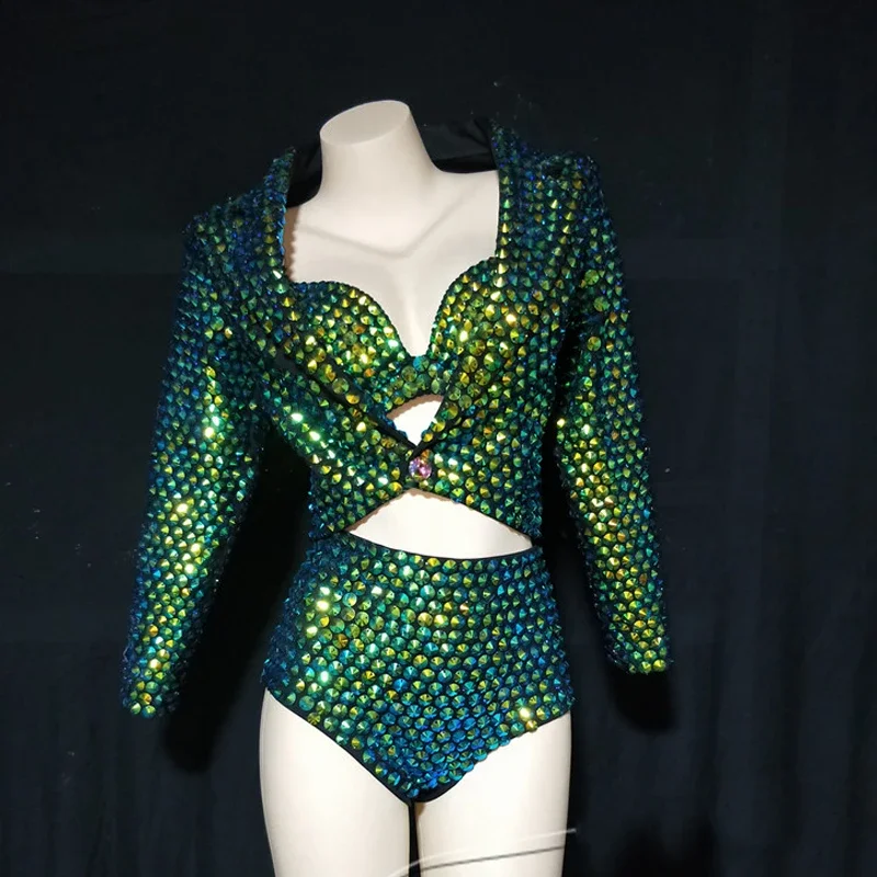 

Зеленый полный костюм со стразами, костюм певицы, костюм Gogo, женский сексуальный костюм бикини для джазовых танцев, пальто, наряд для рейва, одежда для сценического шоу, XS2331