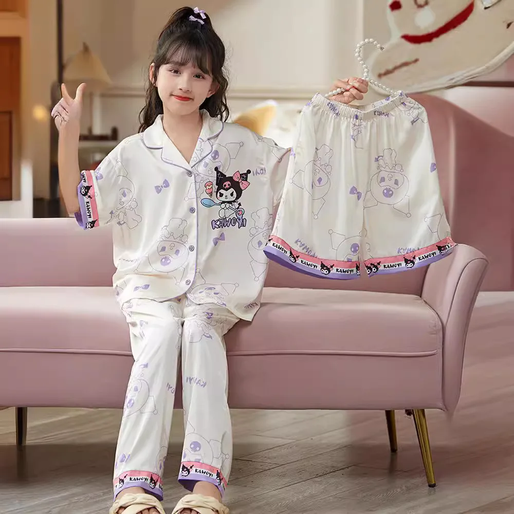 

2024 New Sanrio Children Pajamas Cute Cinnamoroll Girls Summer Thin Ice Silk Three-Piece Set Girls Kuromi Hellokitty Loungewear