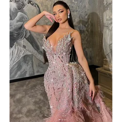 Luxury Strapless Pink Mermaid Evening Dress With Feather And Beads Formal Banquet Gown Vestido de novia