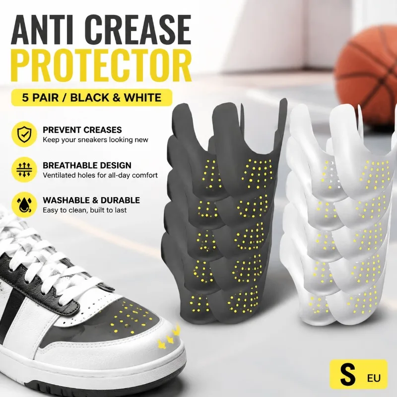 5 Pair Shoe Anti Crease Protector for Basketball Sneakers - PE+TPR Durable, Washable, Breathable Guard - Black/White, S EU