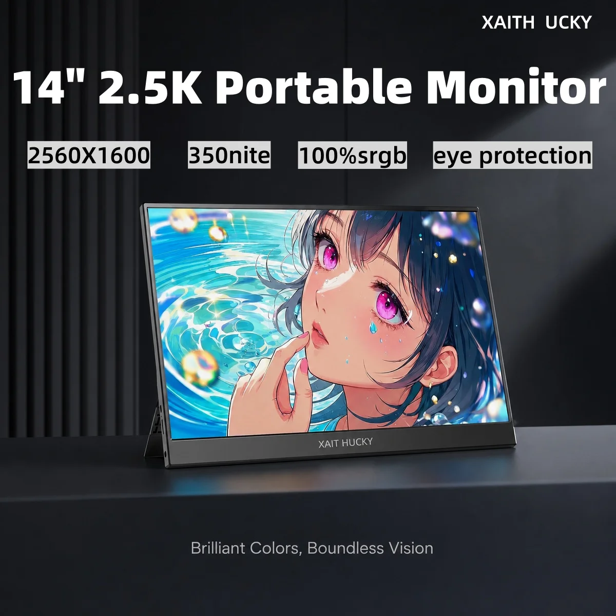 14 inch 2.5K portable monitor with 100% sRGB IPS 350nit USB-C 1-line laptop extension secondary screen slim and light strap hold