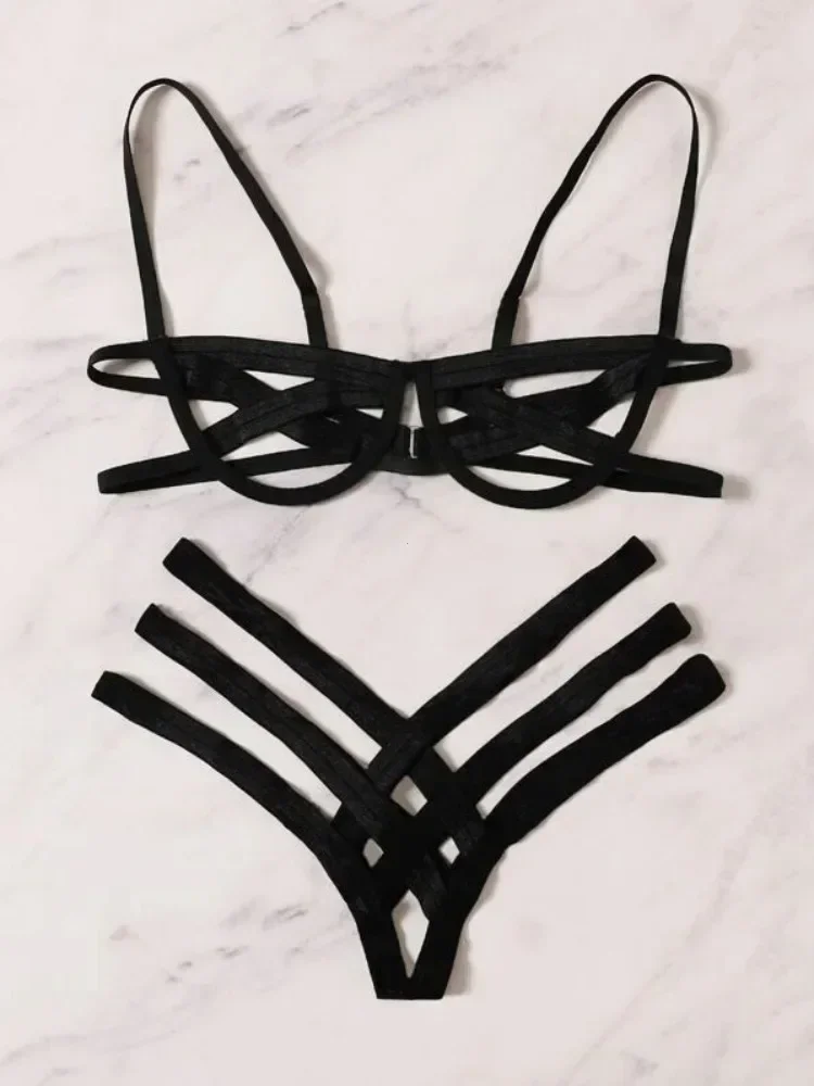 Bondage Harness Lingerie Set Womens Elastic Hollow Out Bra Sets Black Cupless Cage Bra Thong Sexy Intimates Exotic Underwear