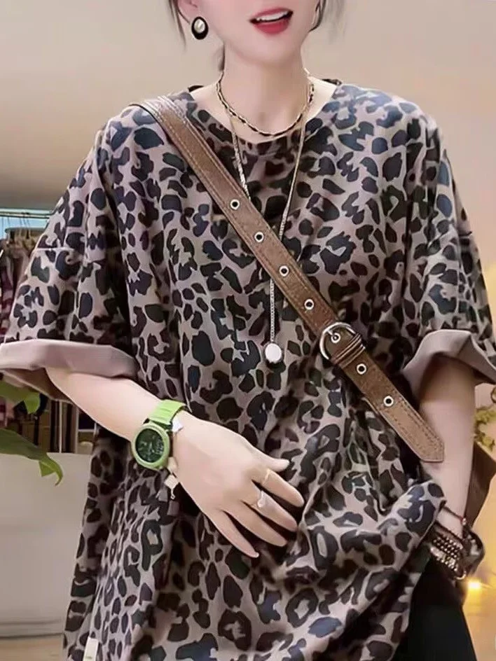 

Loose plus Size Women's T-Shirt Summer Fashion Casual Leopard Print Short Sleeve High Waist Polyester Fiber round Neck Top