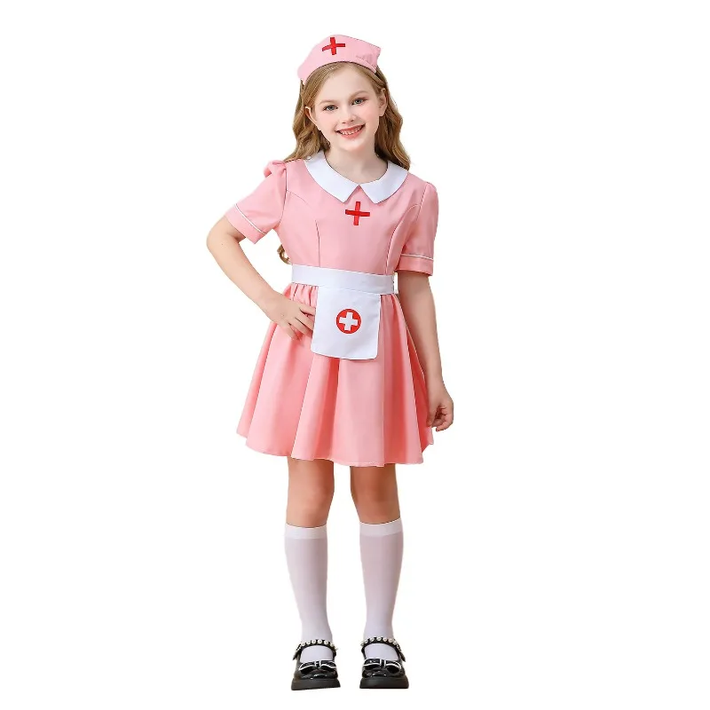 Girls Doctor Cosplay Nurse Costume Pink Dress Cute Uniform Hospital Workwear Stage Performance Outfits Halloween Carnival Party view 2