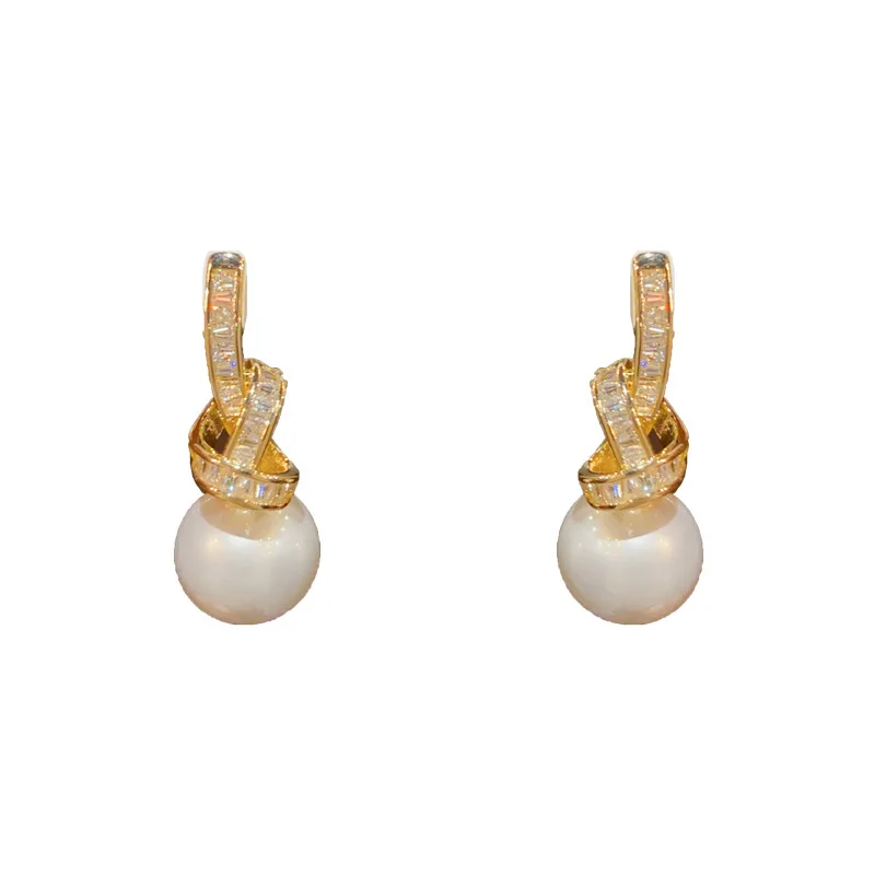 Light Luxury Micro Inlaid Zircon Knotted Pearl 925 Silver Needle Exquisite and Fashionable Super Sparkling Earrings