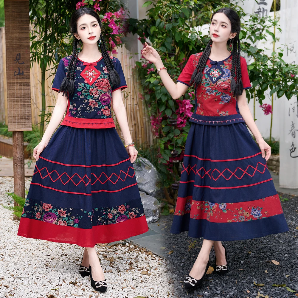 

New 2026 Summer Cotton Linen plus Size Chinese Style Slimming Two Piece Set Half Skirt Ensemble Traditional Ethnic Women's Wear