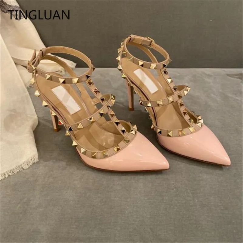 Brand Women Sandals Rivets 2022 Luxury Sexy Pointed Sandals Super 6cm 8cm 10cm High Heels Red Wedding Shoes Big Size 44