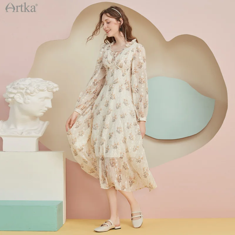 ARTKA 2022 Spring New Women Dress Elegant French Lace Ruffle V-Neck Dresses Long Sleeve Chiffon Floral Midi Dress LA20015Q