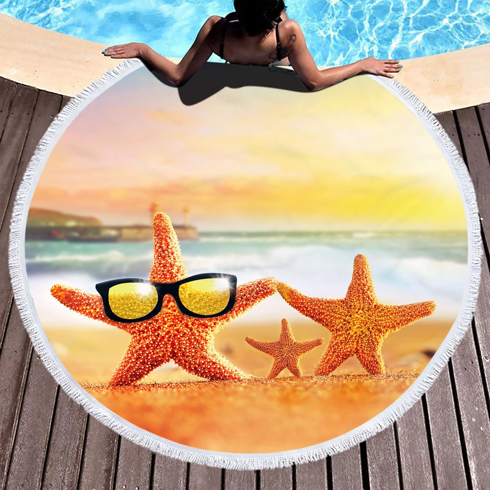 

Starfish Round Beach Towels Summer Sand Beach Thick Bath Towel Microfiber Fabric 150cm Size Swimming Travel Sport for Adult Kids