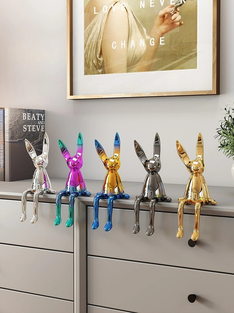 Home Decor Creative Electroplated Long Ears Rabbit Statues Desktop Ornaments Living Room TV Cabinet Animal Sculptures Decoration