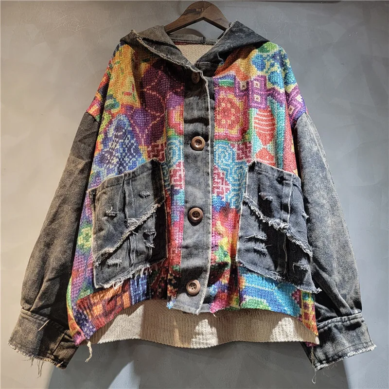 WTHT ファッション不規則なコントラストカラーニットプリントフード付きデニムジャケット女性のための 2025 秋長袖コート女性 1LS2273