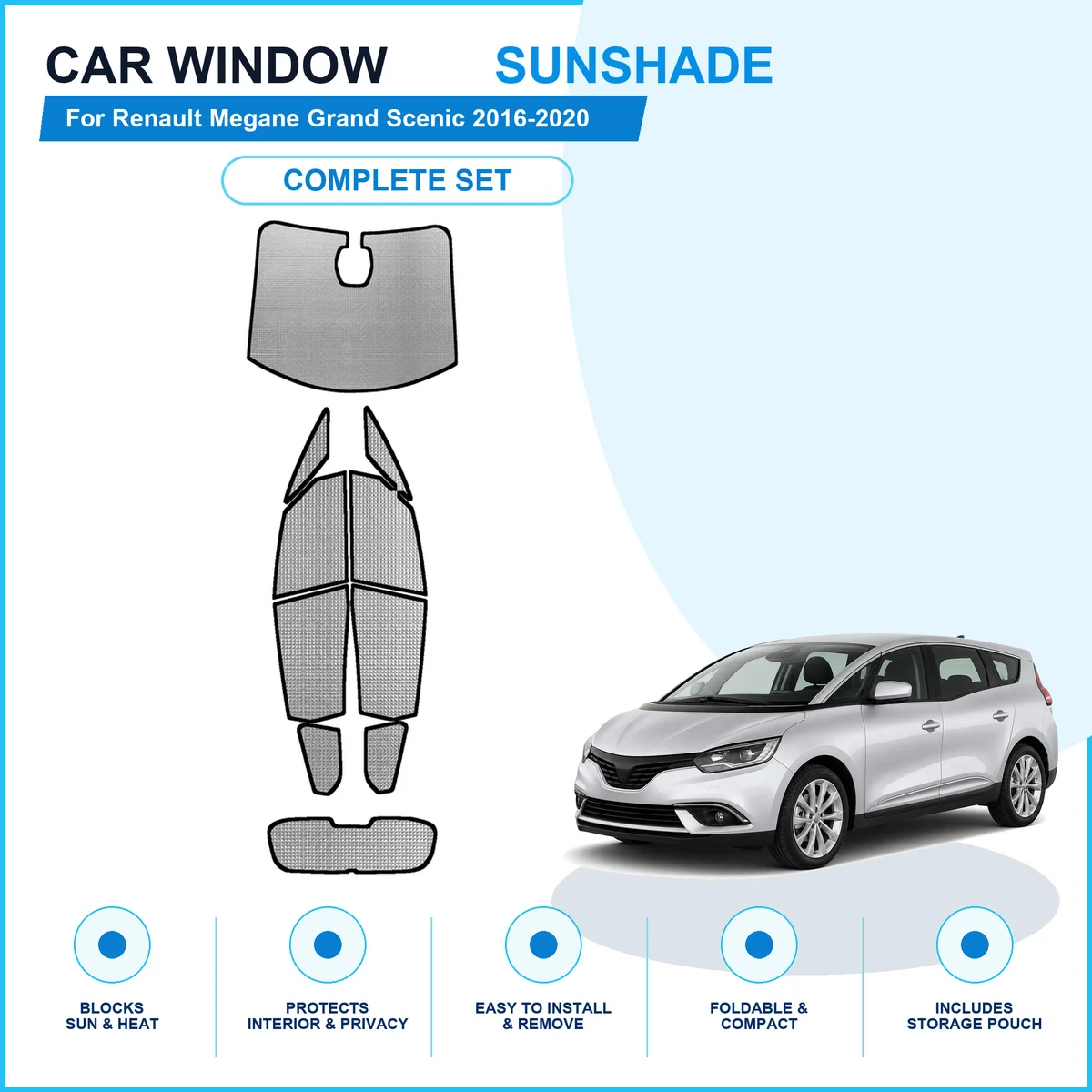 For Renault Megane Grand Scenic 2016-2020 Custom Full Set Window Sunshades Aluminum Foil Suction Cup Anti UV Privacy