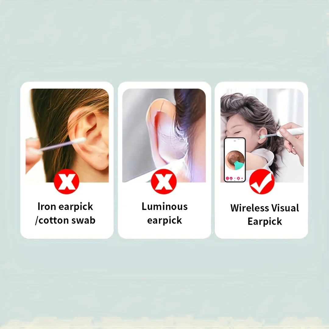 مجموعة أدوات إزالة شمع الأذن، 1080 بكسل عالية الوضوح، ضوء LED، عرض التطبيق، مع 6 رؤوس ملعقة قابلة للاستبدال، شحن USB
