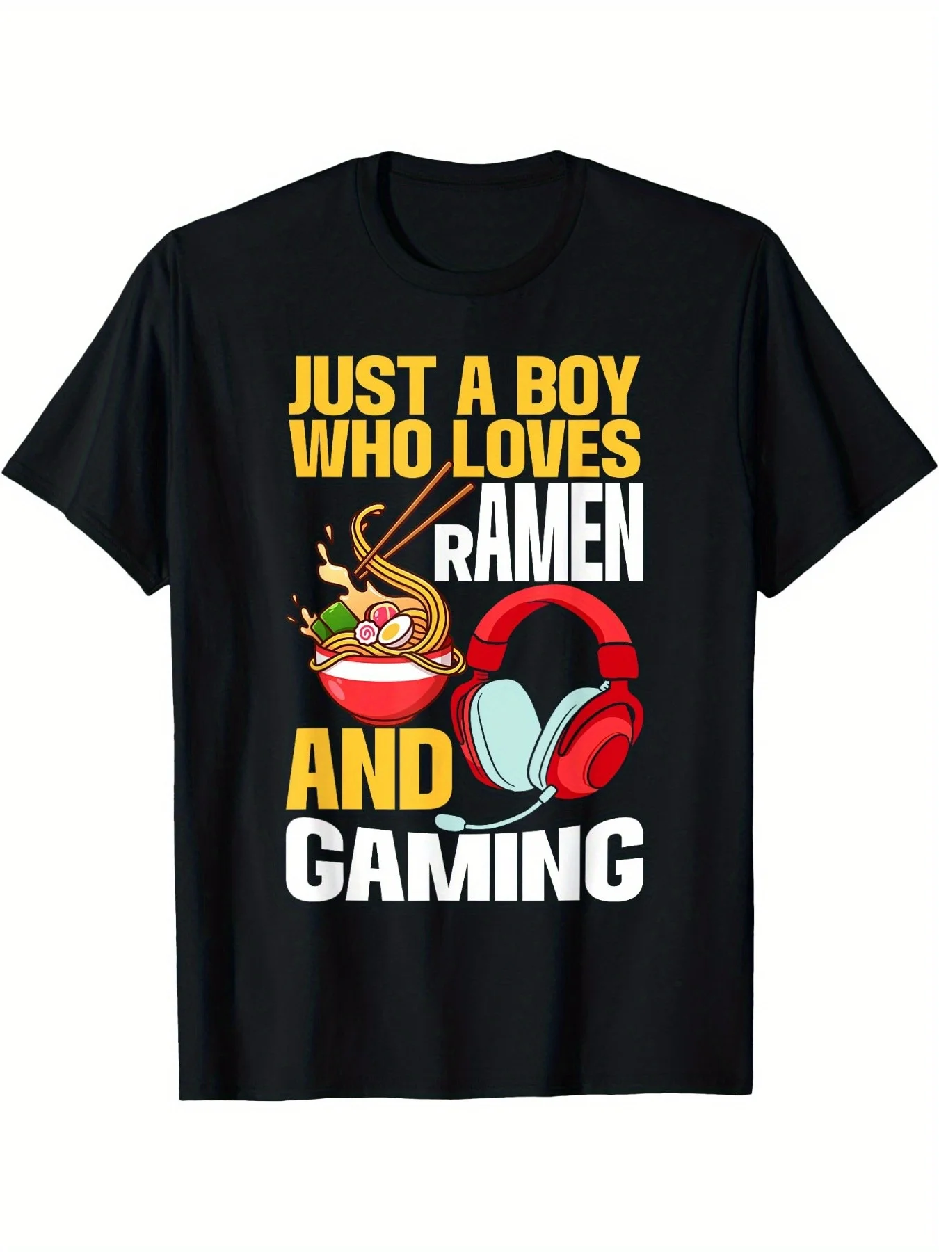 

Men's anime-patterned T-shirt designed for "Boys Who Only love ramen and Games", with a 100% pure cotton loose fit