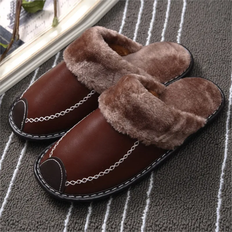 Men Winter Leather Slippers Bedroom Cotton Slippers Waterproof Thick Plus Velvet Indoor Warm House Home Slippers Shoes Fashion