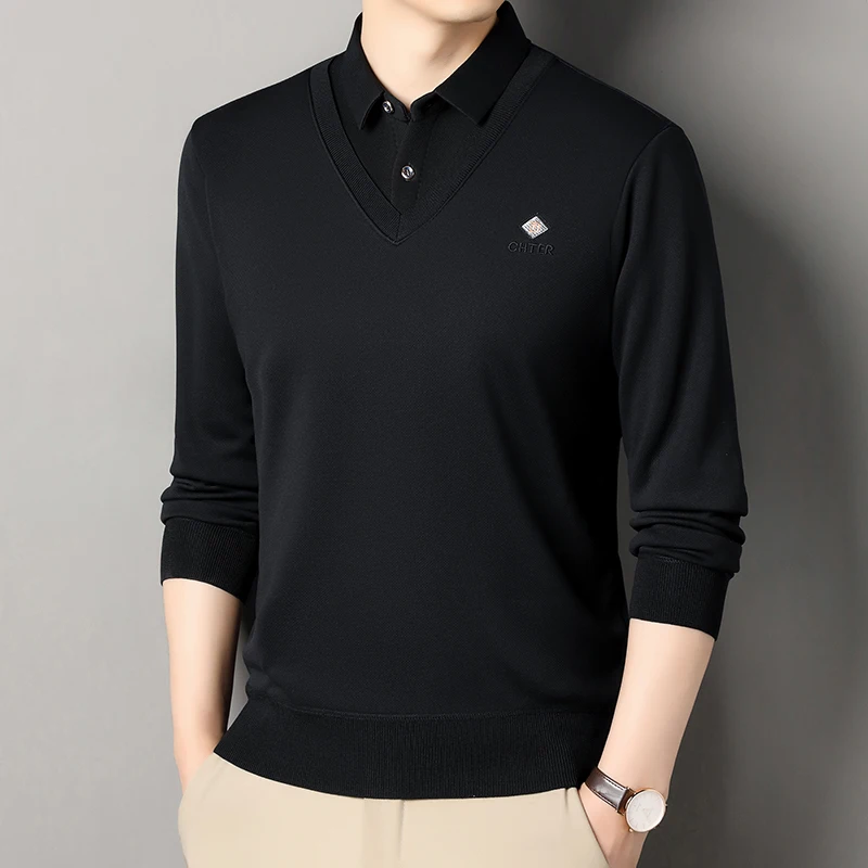 Men\'s Fleece Lined Sweater Polo Collar Pullover Tops Fashion Business Causal Pullovers Korean Slim Fit Thick Winter Clothes