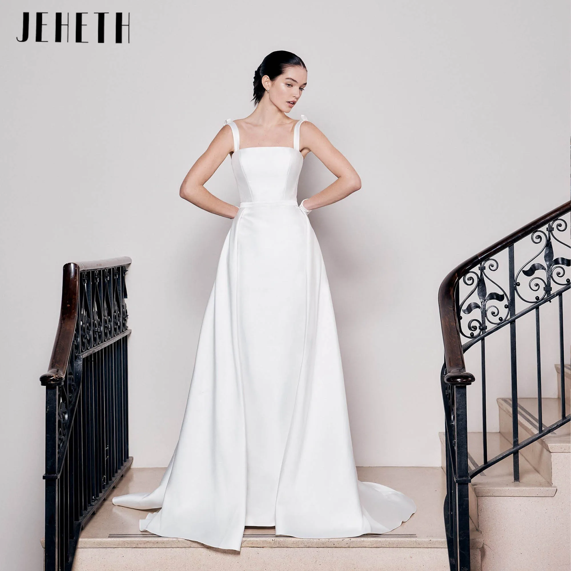 JEHETH Simplicity Mermaid Wedding Dress With Detachable Train Square Neck Satin Bridal Gown Sleeveless robe de mariée Customized