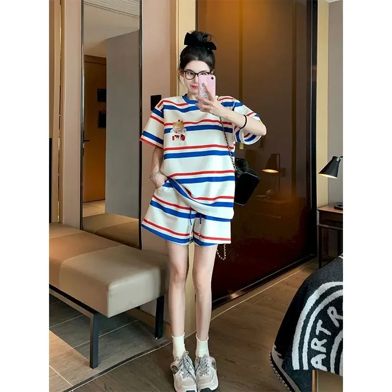 Striped Sports Casual Sets for Women Street Fashion Design Short Sleeve T Shirt and Shorts Two Piece Set 2024 Summer Y2k Suits