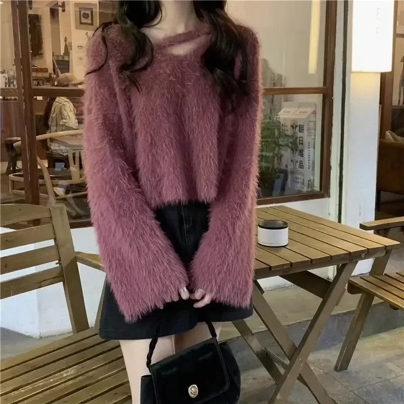 Women\'s Sweater Pullovers V-neck Knit Tops for Woman Purple Korean Luxury Long Sleeve Aesthetic New in Cashmere Winter 2024 Cold