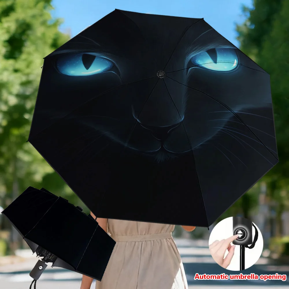 

1pc Automatic Open/Close Umbrella with Black Cat Face & Glowing Blue Eyes - Automatic Folding/Unfolding, 8-Rib Sturdy Frame, -