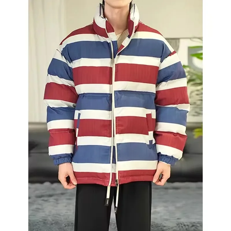 New Winter Men's Fashion Striped Color Blocked Cotton Coat Stand Up Collar Plush Thickened Warm Bread Coat Casual Cotton Jackets