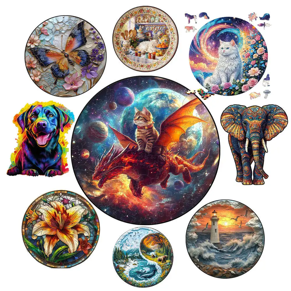Unique Circular Wood Jigsaw Wooden Animal Puzzle for Adult Kids Lovely Elephant Cat Intelligent DIY Toys Holiday Gifts