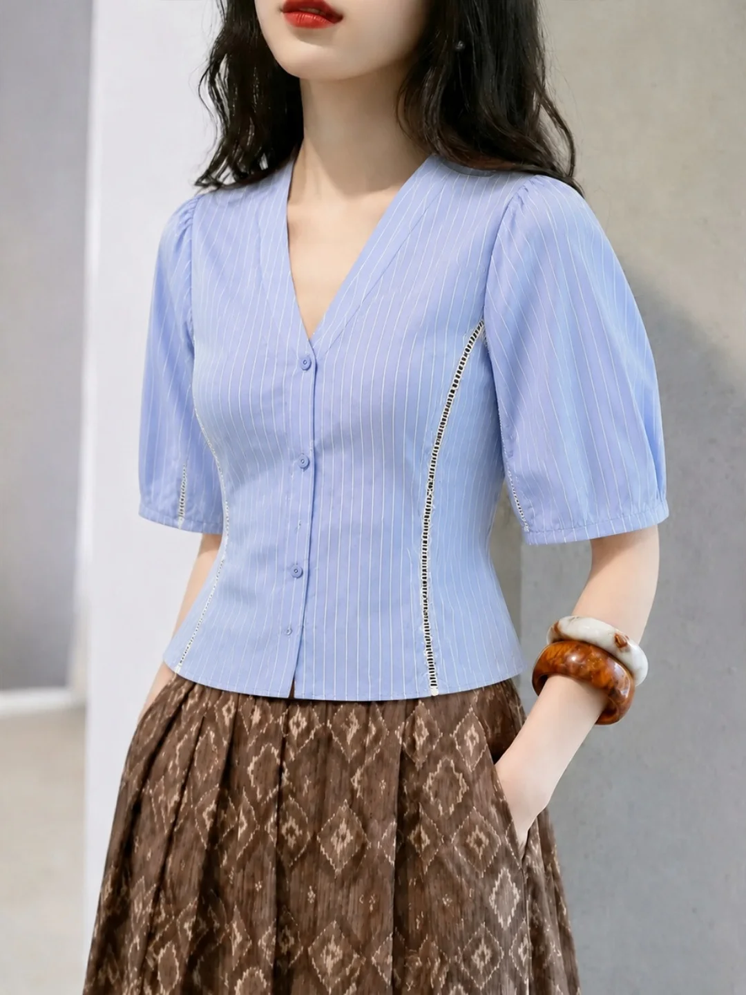 Elegant V-Neck Single-Button Shirt Women's Light Maturity Style Korean Version Straight Cut Silk Top Commute Suitable