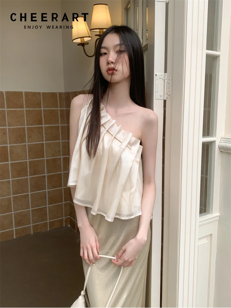 CHEERART Glitter Beige One Shoulder Pleated Crop Top For Women 2023 Luxury Designer Backless Summer Tops European Clothing