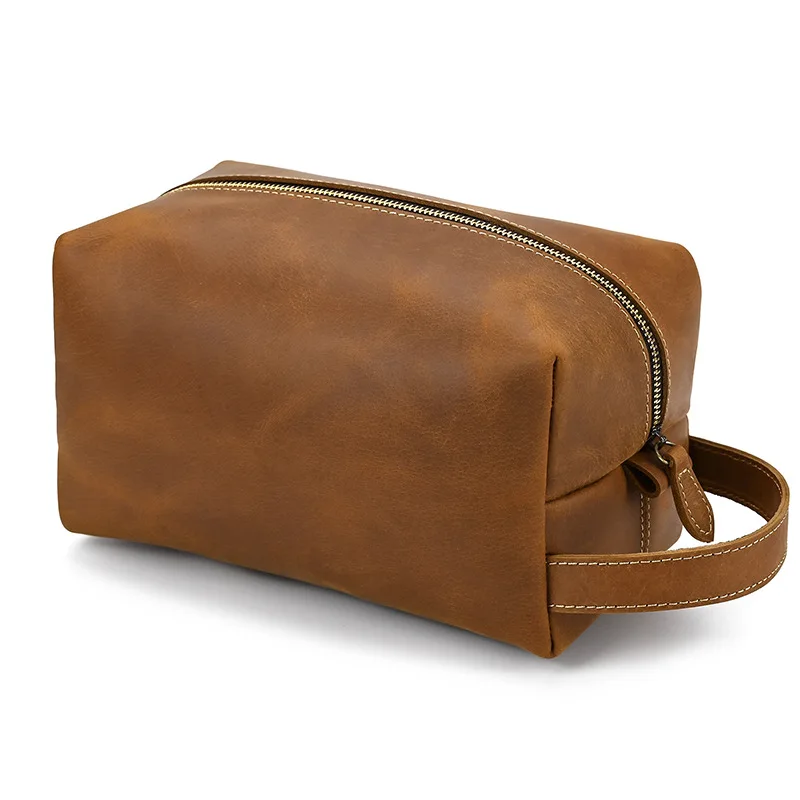 Leather Travel Toiletry Bag Men's Handbag Simple Design Multifunctional Wash Bag Pillow Shape Soft Handle Casual Style