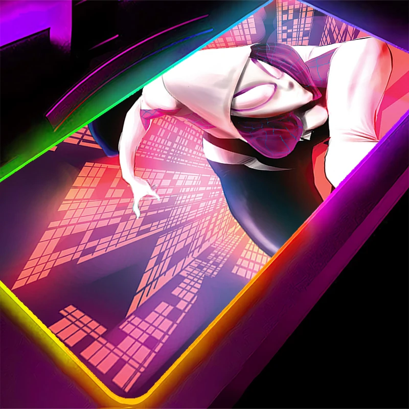 Anime Gaming Speed Mauspad LED Spider-Woman Gwen Gamer XXL Laptop Mauspad Hintergrundbeleuchtung Tastatur Mousepad RGB Computer Schreibtisch Matte