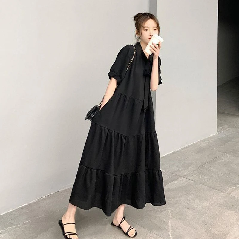 

Summer New Solid Pleated Lacing Long Dress Bow Short Sleeve Loose Plus Size Casual Dresses Simplicity Fashion Women Clothing