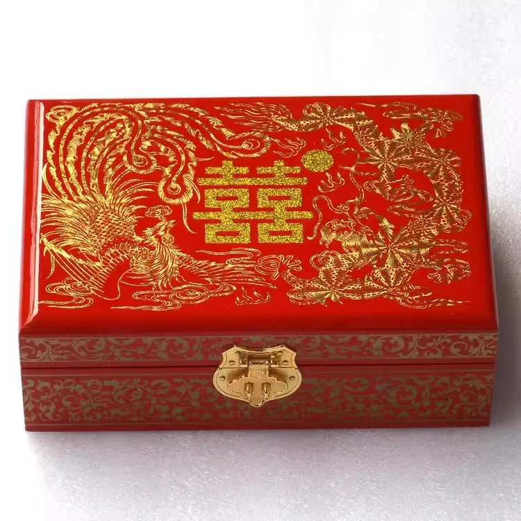 Chinese Vintage Wooden Jewelry Box Wood Trinket Box with Lock Jewelry Container for Home Table Decor CHINESE WEDDING