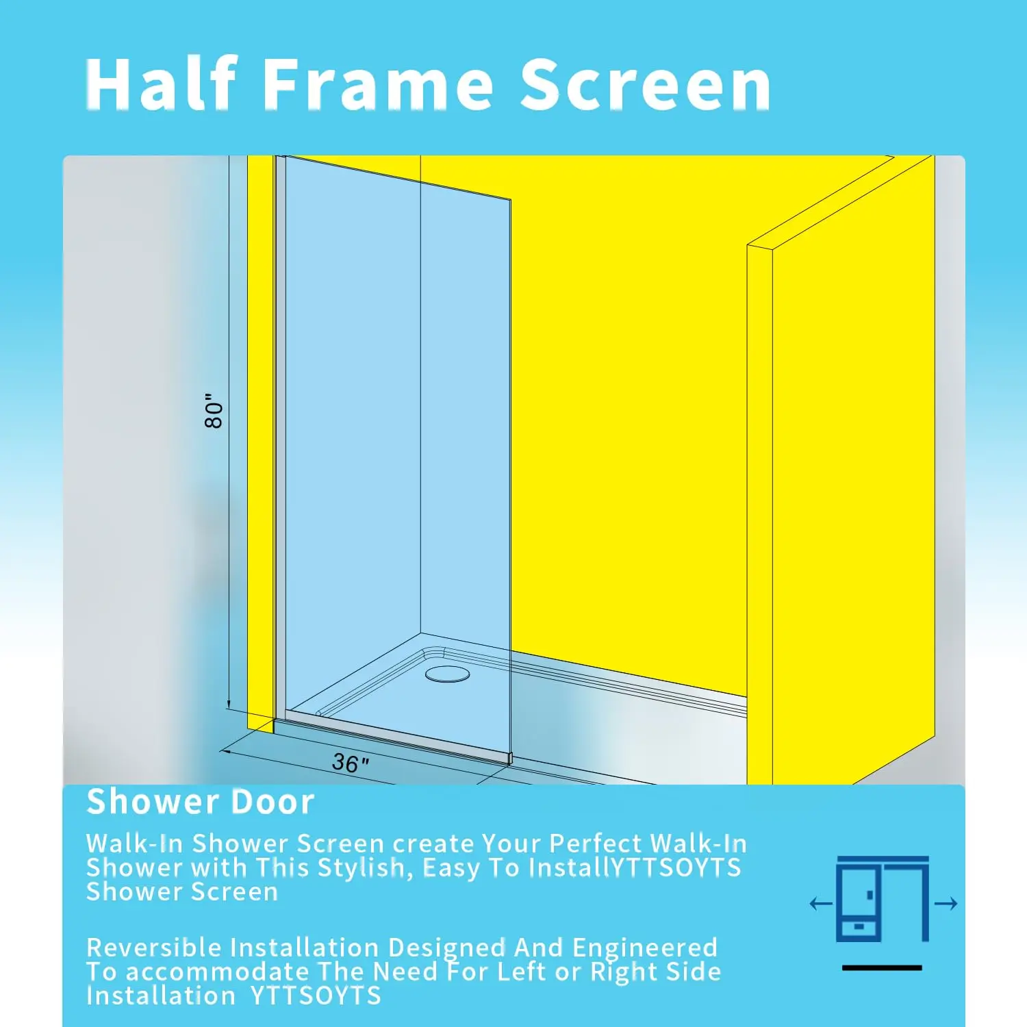 Shower Screen 36 in. W x 80 in. H, Shower Panel 80 inches Tempered Glass 3/8 inch, Easy to clean Coating  - Chrome - 501