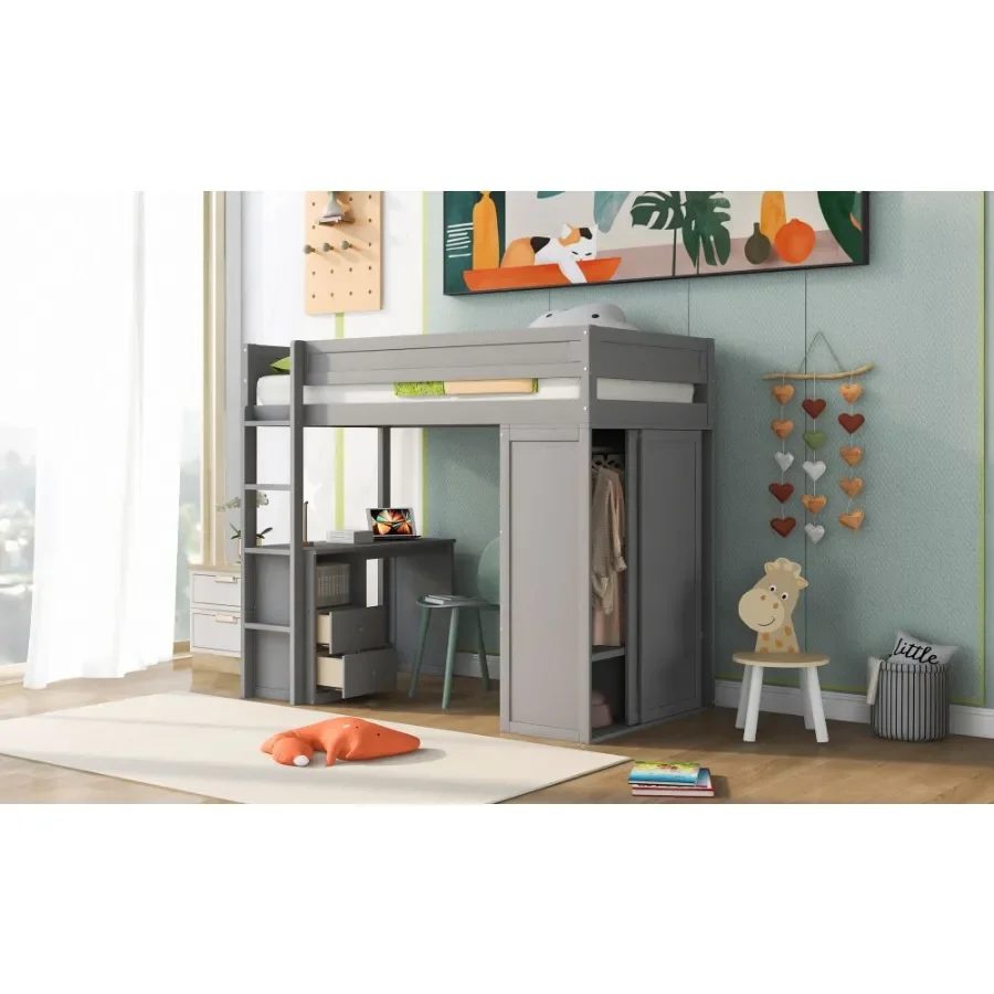 سرير علوي خشبي مزدوج الحجم مع خزائن ومكتب بدرجين مع خزانة رمادية