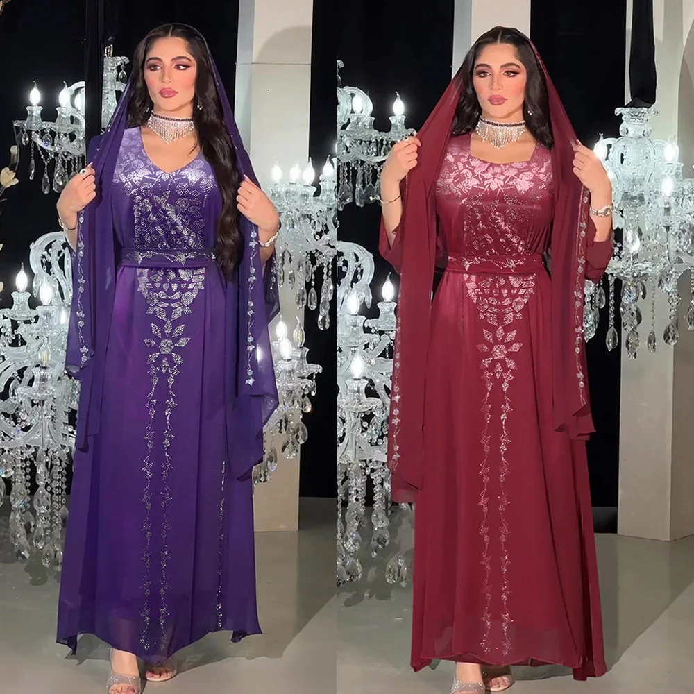 

Eid Morocco Party Dress Women Muslim Abaya Diamond Ramadan Chiffon Dubai Abayas Kaftan Robe Vestidos Turkey Gown 2024 Jalabiya