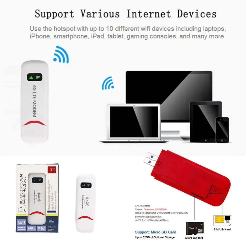 Roteador WiFi USB 4G LTE 150Mbps, hotspot portátil compatível com cartão SIM, adaptador de rede sem fio para casa e escritório