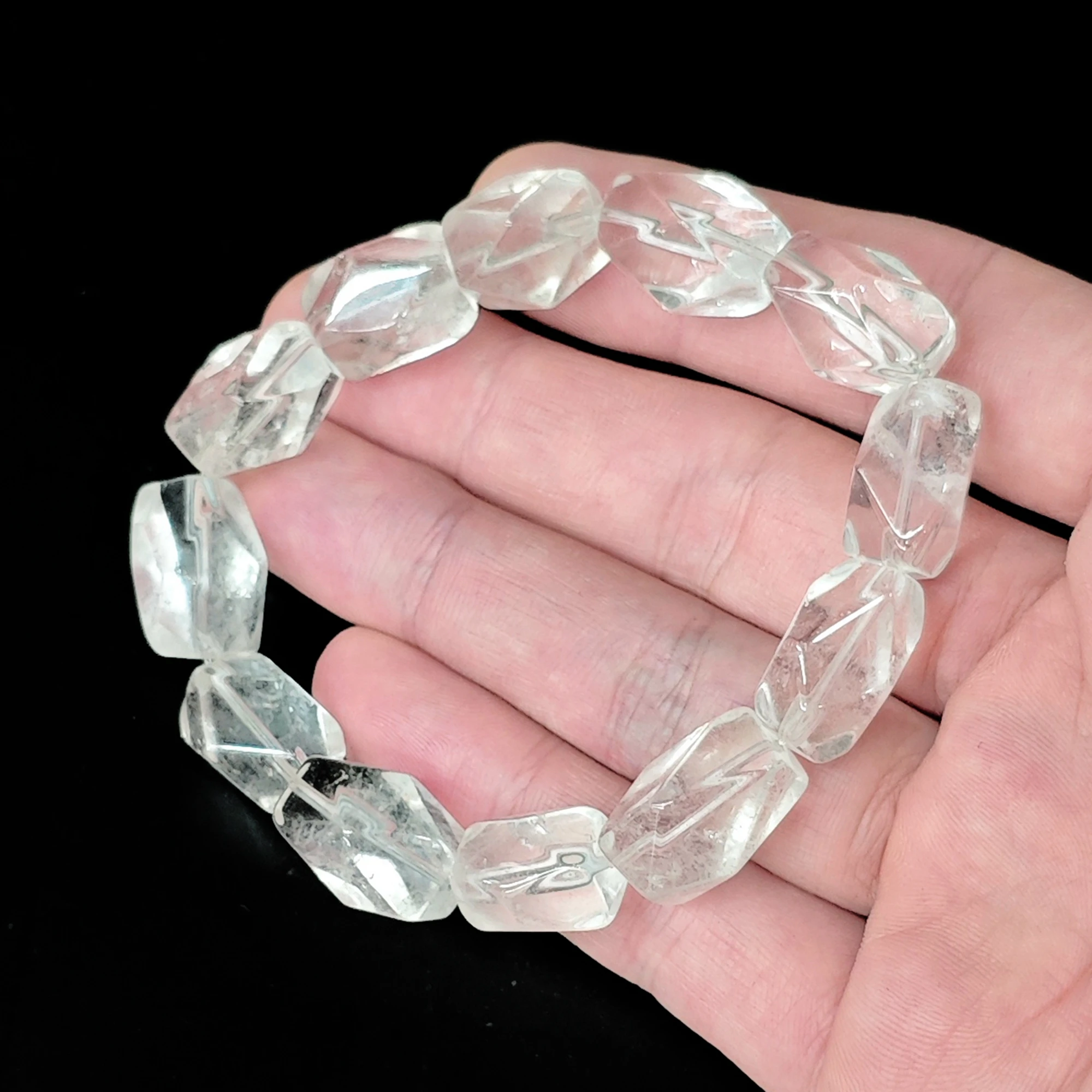 Natural Clear Quartz Bracelet 16mm Freeform Nugget Faceted Irregular Gemstone Crystal Stretch Gift Unisex Block 16-22cm