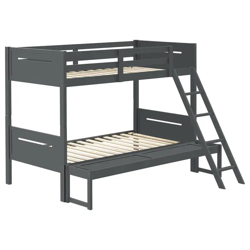 Grey Twin Full Bunk Bed with Ladder and Safety Rail for Space-Saving, Multi-Functional Design, Ideal for Kids and Guests