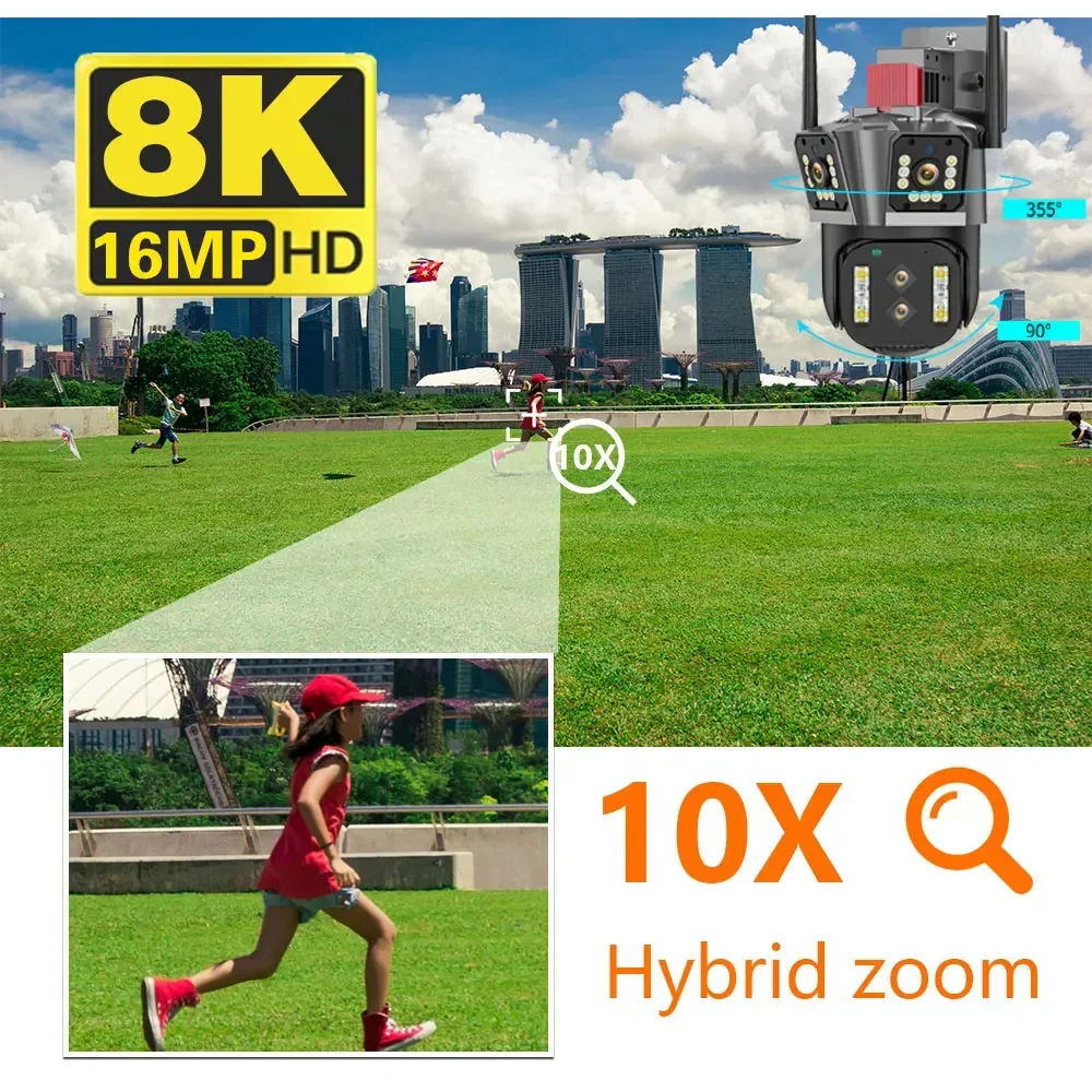 10X Zoom 8K 16MP Four Lens PTZ Wifi Camera Three Screen Auto Tracking 2Way Audio Color Night Vision Security Protection Camera