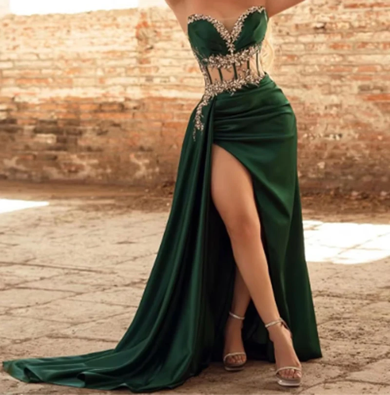 مثير حورية البحر ارتفاع الجانب الشق الطابق طول فساتين السهرة الحبيب الديكور قبالة الكتف الساتان فساتين حفلات مخصصة