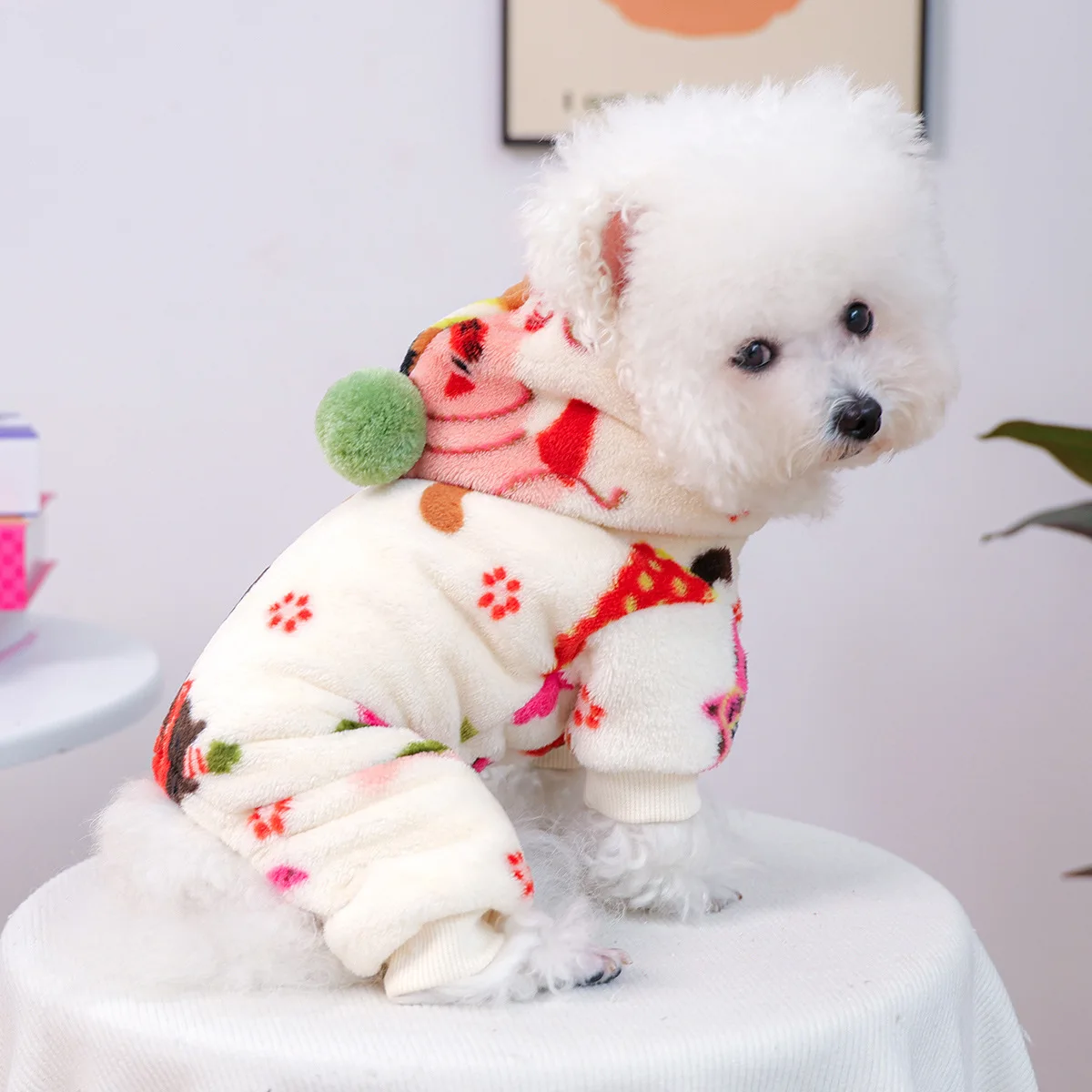 

Autumn And Winter Festival Small Dog Clothes Cute Kitten Casual Fashion Clothing Beige Cartoon Warm Pet Four-legged Outfit