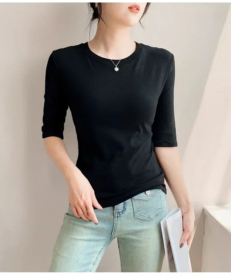 2026 Basic Einfarbiges Kurzarm-T-Shirt mit Rundhalsausschnitt, Eng Anliegend, Sommerliches Casual-Oberteil für Damen, Y2K Vintage Top, Harajuku Streetwear – Detail 9
