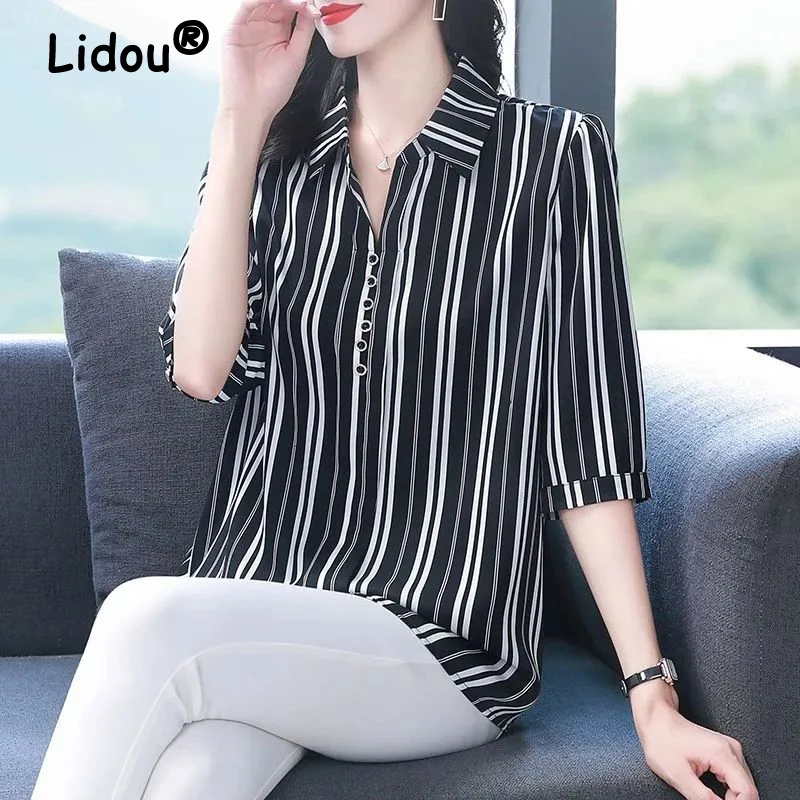 

Women Classic Striped Printed Elegant Blouses Summer Korean 3/4 Sleeve Office Lady Shirts Loose Tunic Tops Blusa Mujer Moda 2023