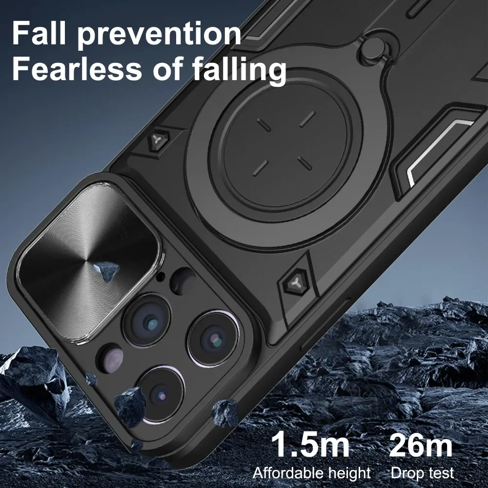 Case For iPhone 16 15 14 13 12 11 Pro Max XR XS 8 Plus Magnetic  Slide Camera Protection 360 Rotate Kickstand Armor Ring Cover