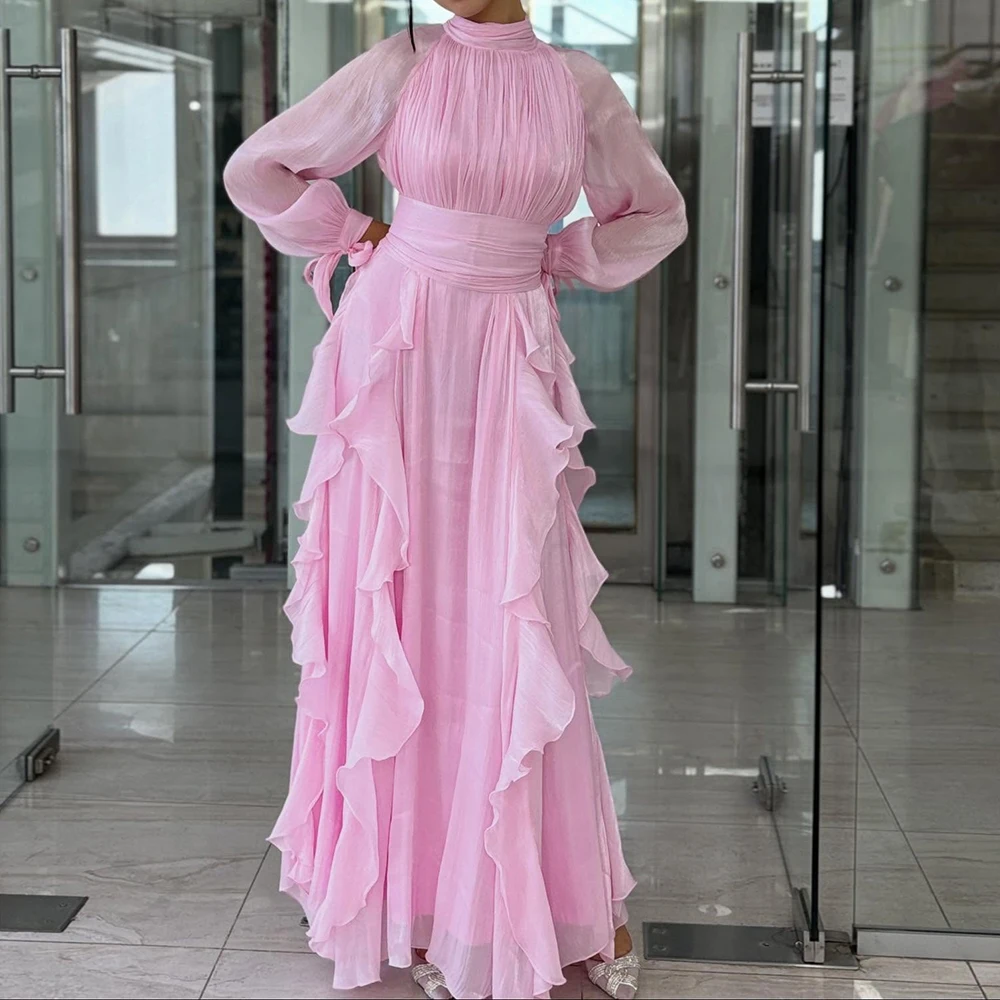 

Customized A-line Evening Dresses Ankle-length High-neck Full Sleeve Prom Gown Simple Fashion Ruched Draped Casual Party Gown